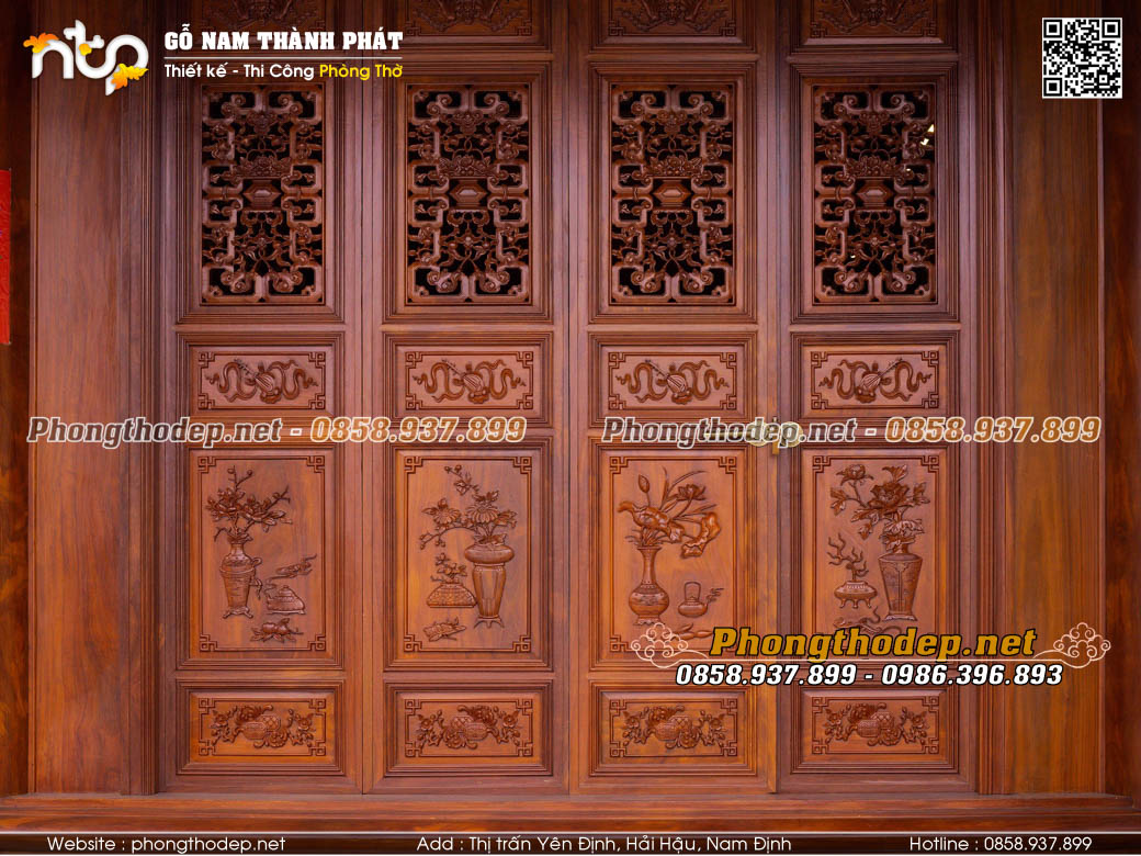 Cửa bức bàn đục tích tứ quý kết hợp các lá cổ hoạ tiết bát bảo cực ấn tượng