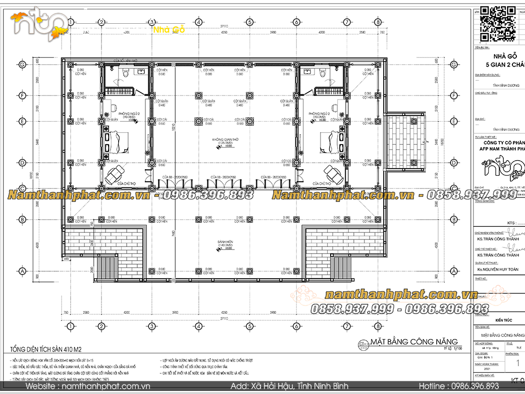 Kích thước hệ cột nhà gỗ 5 gian 2 chái siêu khủng