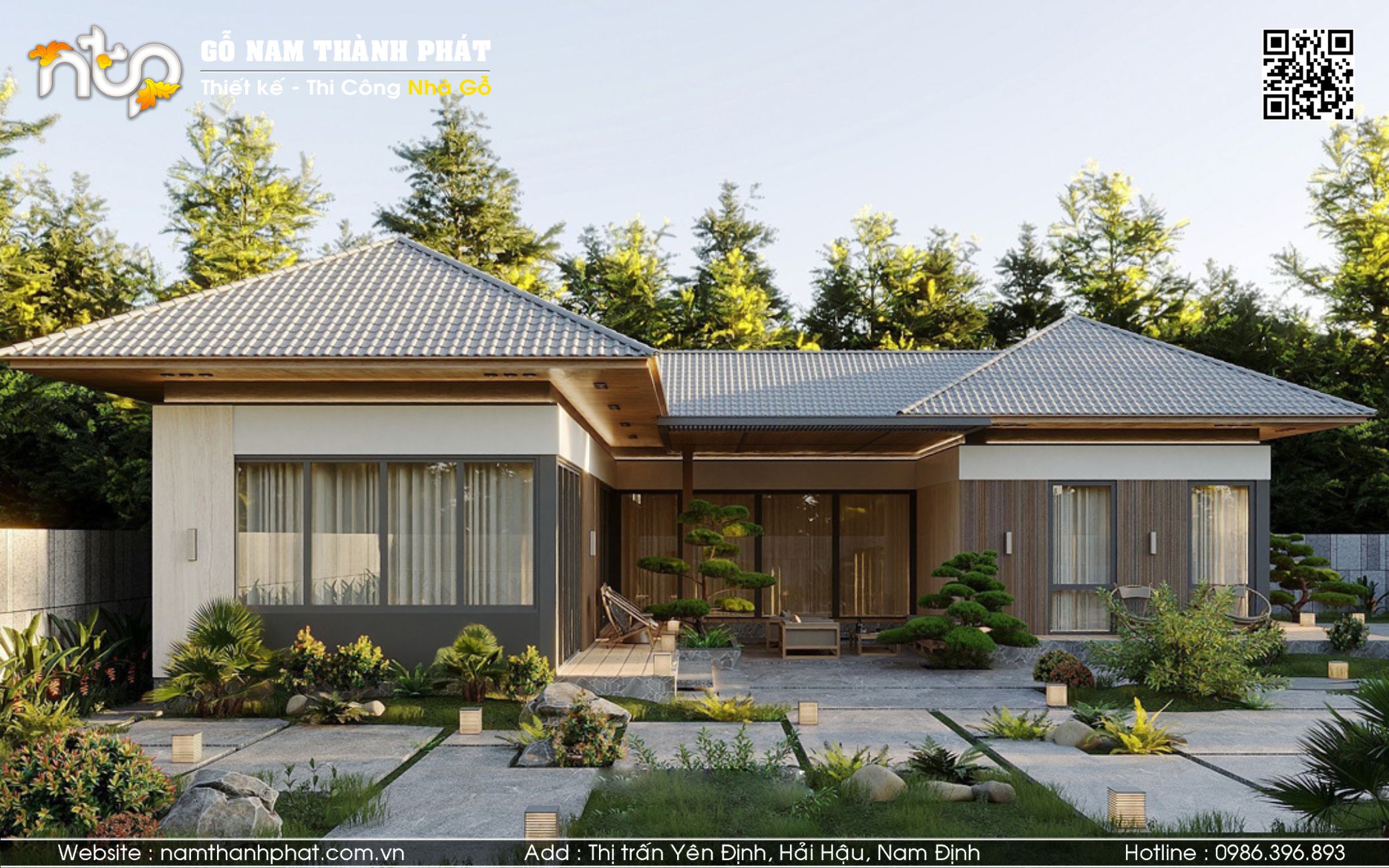 Nhà gỗ cấp 4 kết hợp khuôn viên sân vườn nghỉ dưỡng tại gia